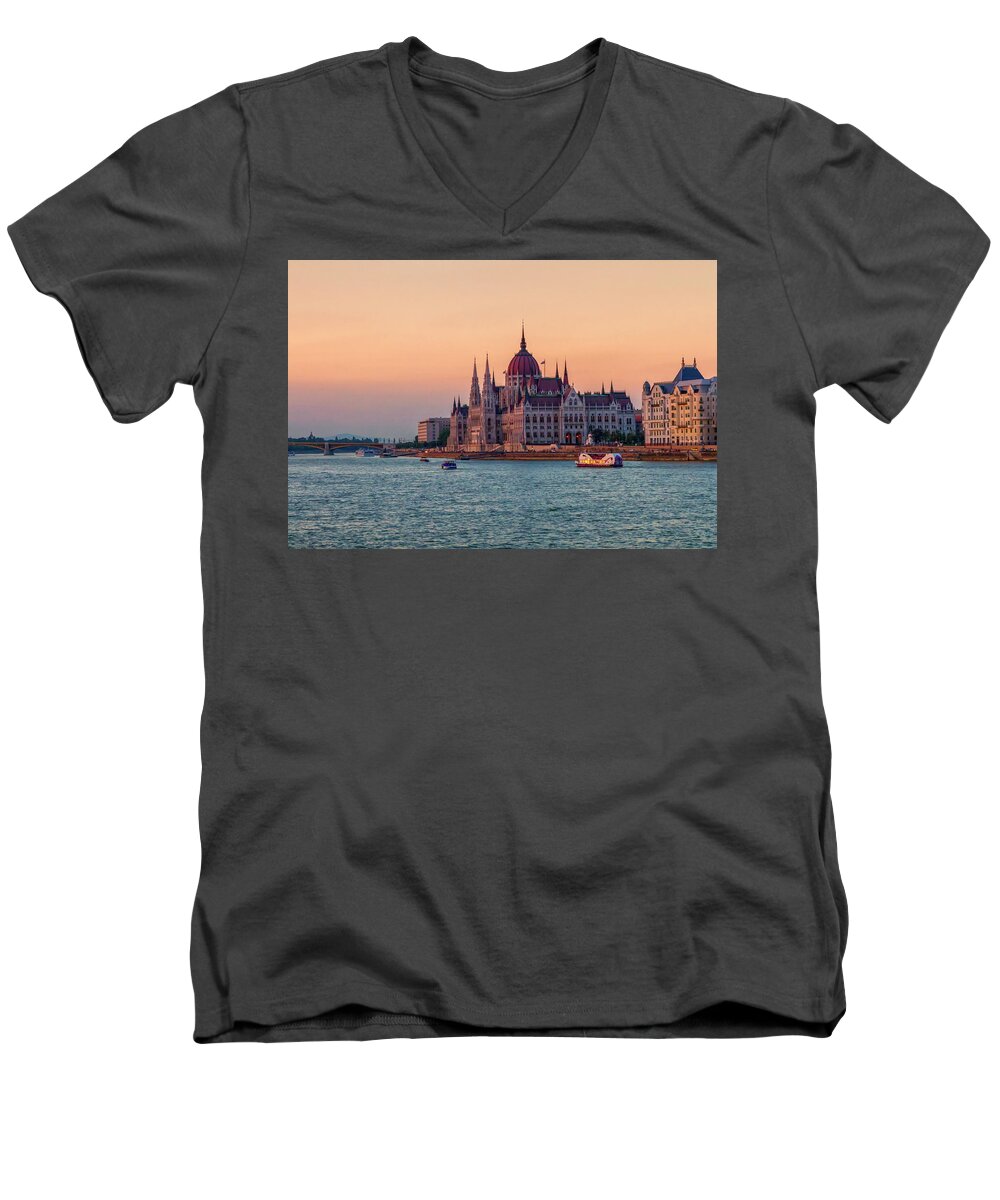 Parliament Men's V-Neck T-Shirt featuring the photograph Hungarian Parliament Building in Budapest, Hungary #1 by Elenarts - Elena Duvernay photo