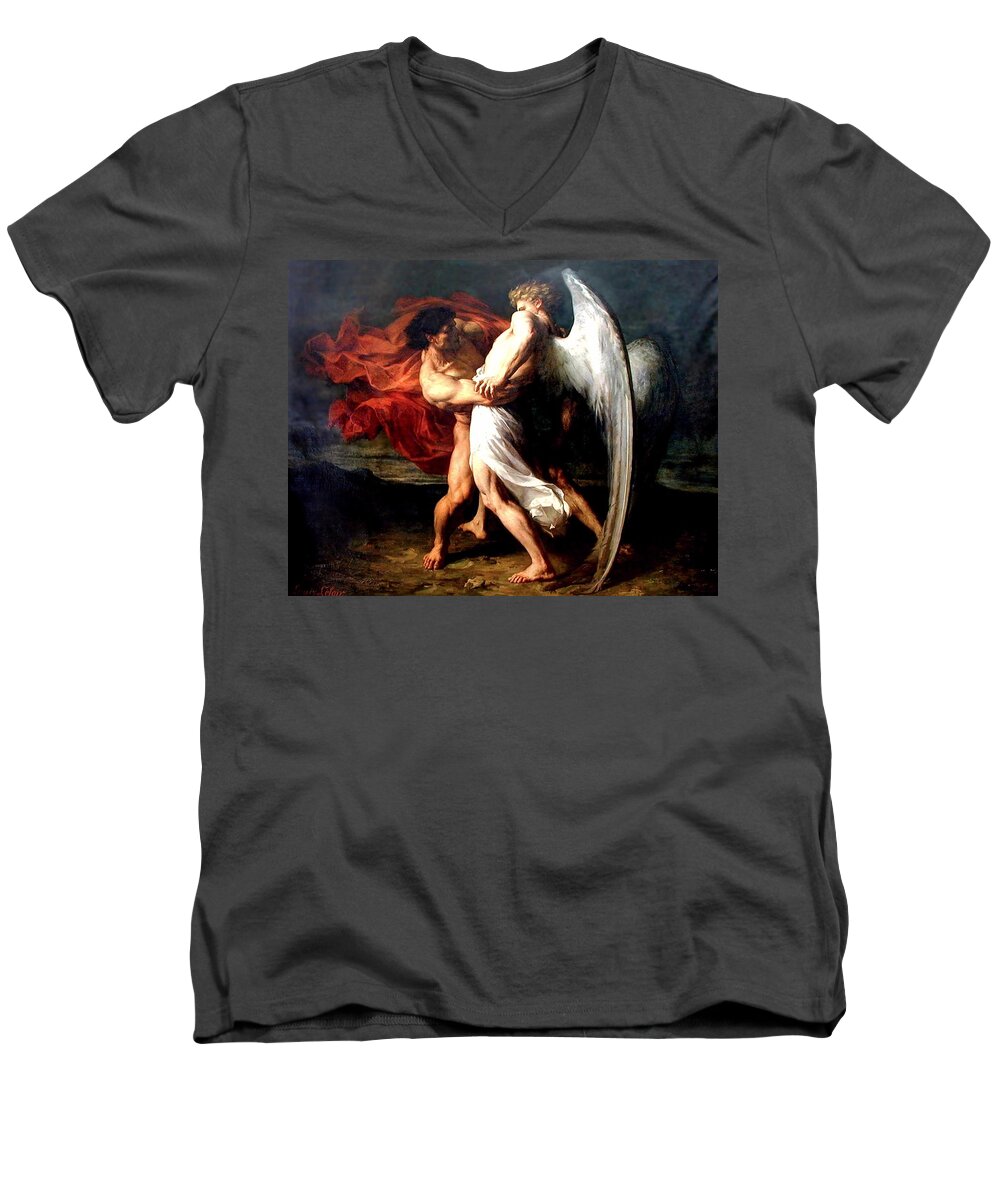 Jacob Men's V-Neck T-Shirt featuring the painting Jacob Wrestling With The Angel #1 by Alexander Louis Leloir