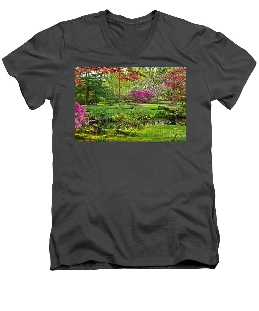 Japanese Men's V-Neck T-Shirt featuring the photograph Japanese garden #2 by Anastasy Yarmolovich