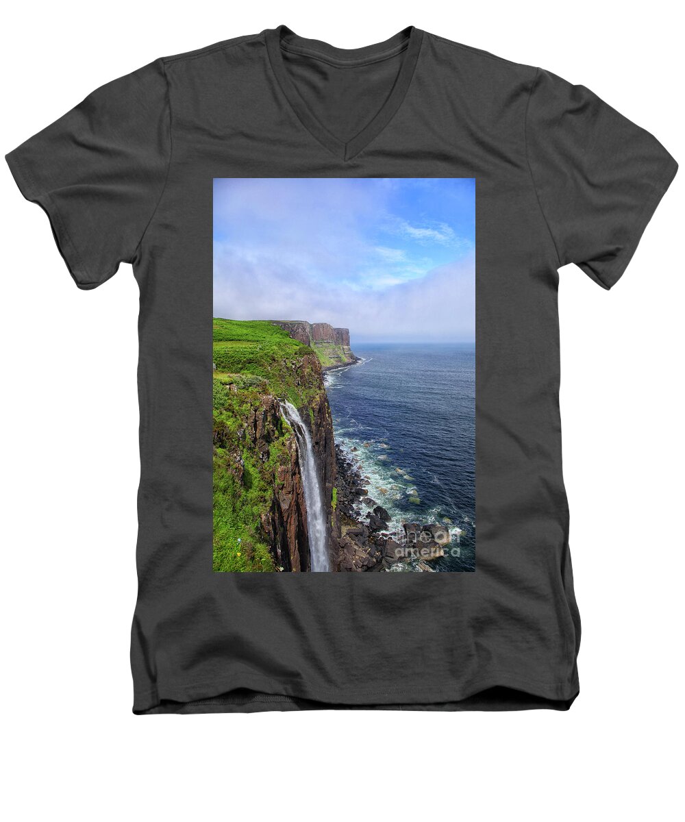 Scotland Men's V-Neck T-Shirt featuring the photograph Kilt Rock waterfall at Skye by Patricia Hofmeester