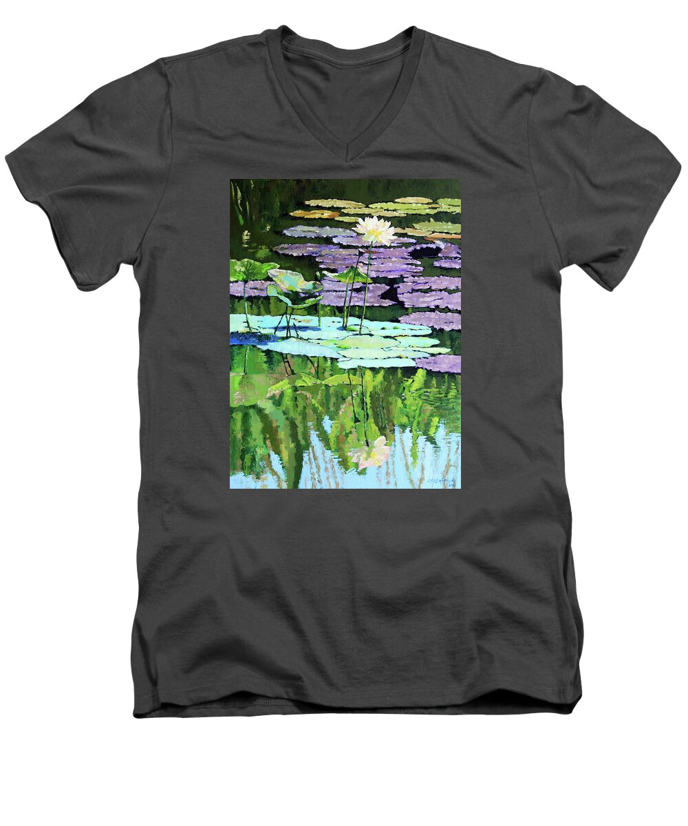 Lotus Men's V-Neck T-Shirt featuring the painting Lotus Reflections #1 by John Lautermilch