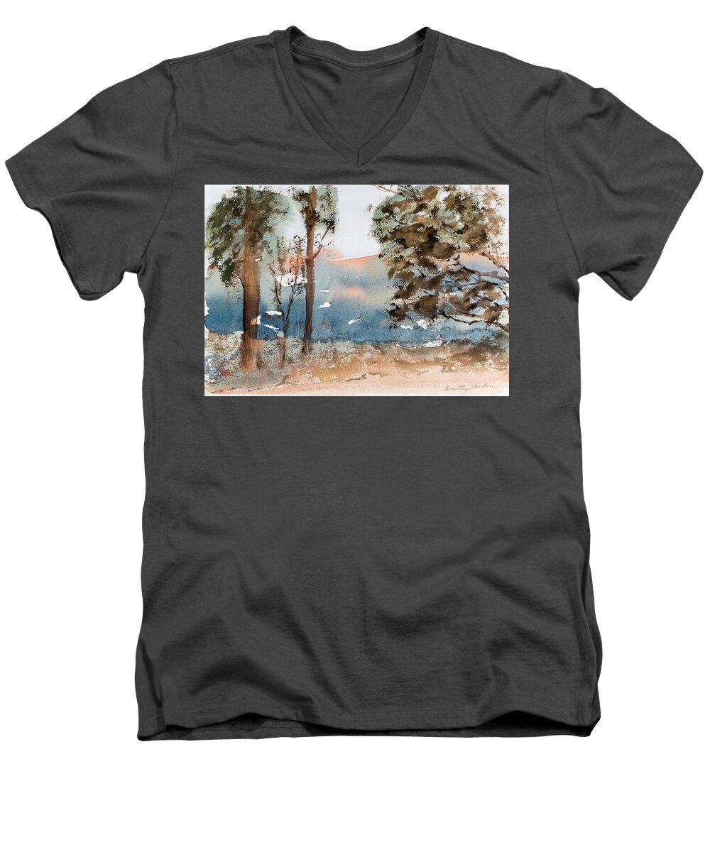 Australia Men's V-Neck T-Shirt featuring the painting Mt Field Gum Tree Silhouettes against Salmon coloured Mountains #2 by Dorothy Darden