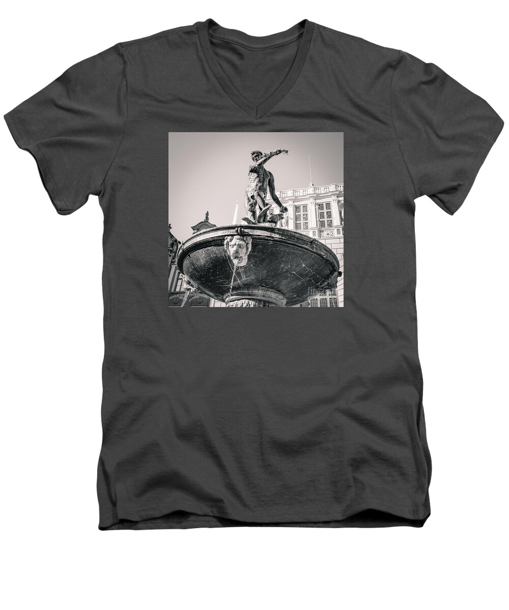 City Men's V-Neck T-Shirt featuring the photograph Neptune's fountain, Gdansk BW #1 by Mariusz Talarek