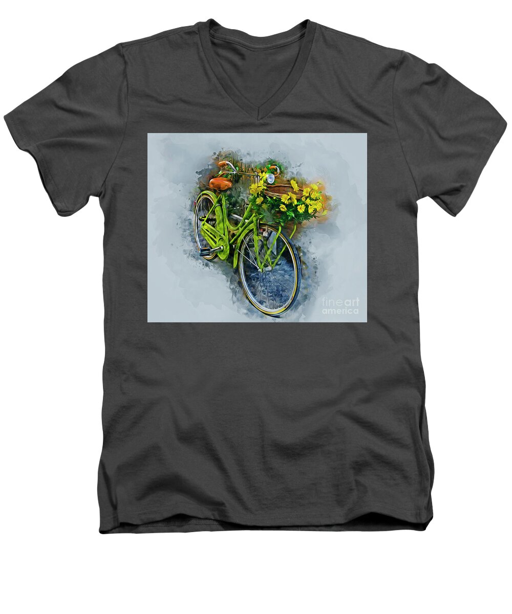 Bicycle Men's V-Neck T-Shirt featuring the mixed media Olde Vintage Bicycle #1 by Ian Mitchell