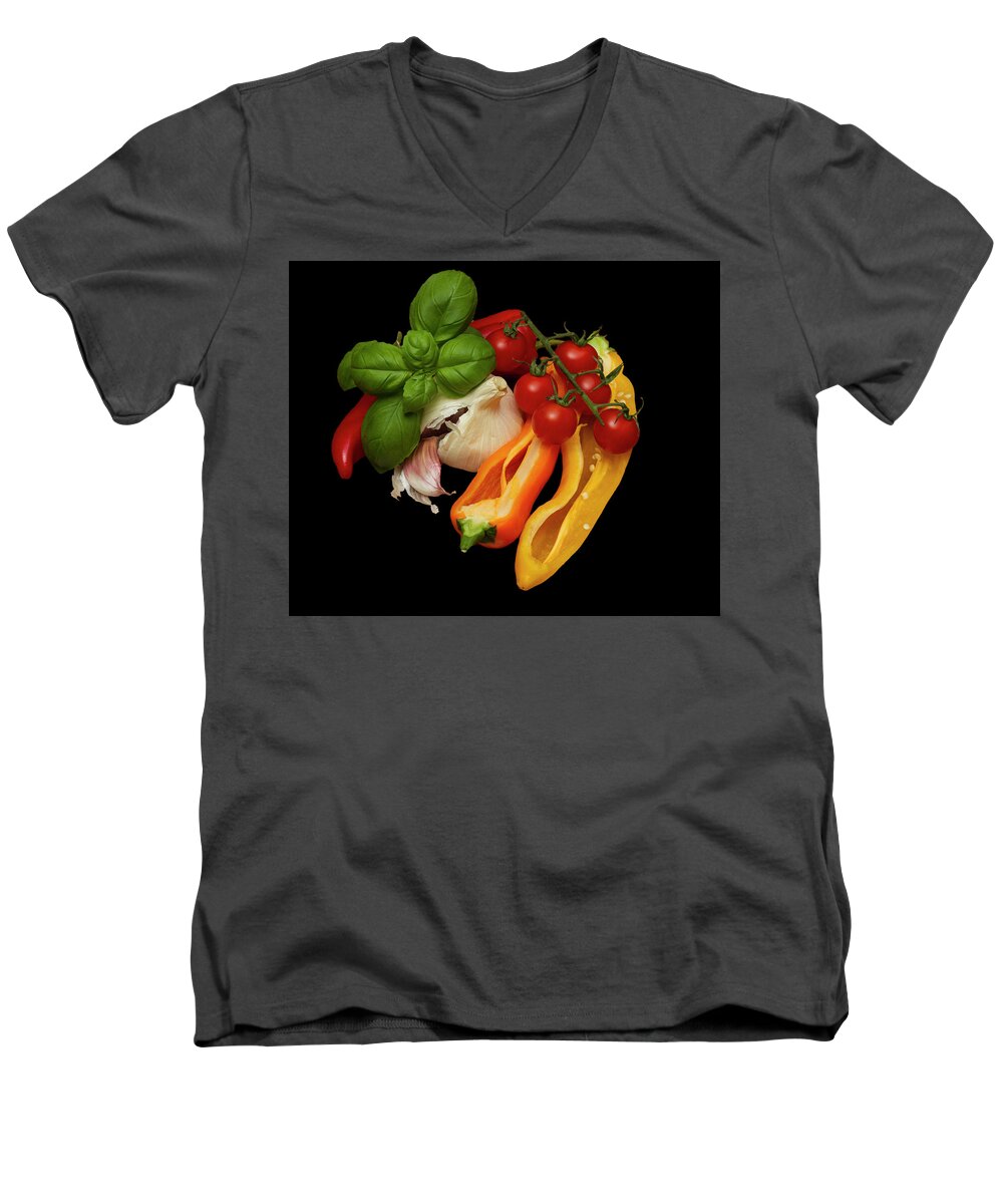 Peppers Men's V-Neck T-Shirt featuring the photograph Peppers Basil Tomatoes Garlic #1 by David French
