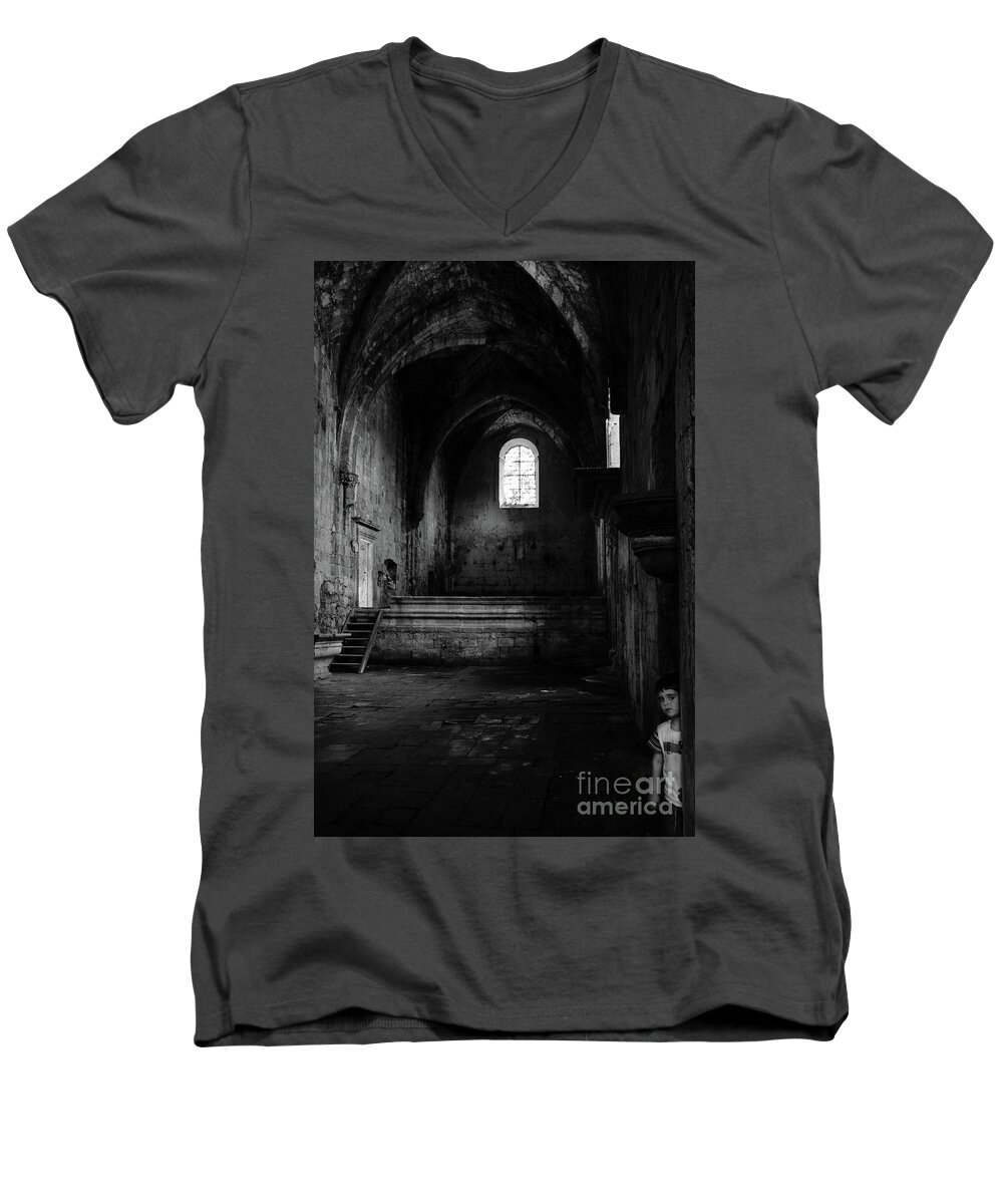 Burgos Men's V-Neck T-Shirt featuring the photograph Rioseco Abandoned Abbey Nave Bw #1 by RicardMN Photography