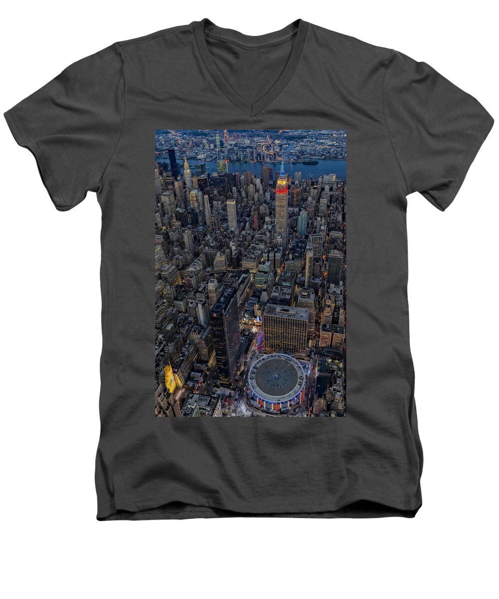 Aerial View Men's V-Neck T-Shirt featuring the photograph September 11 NYC Tribute #1 by Susan Candelario