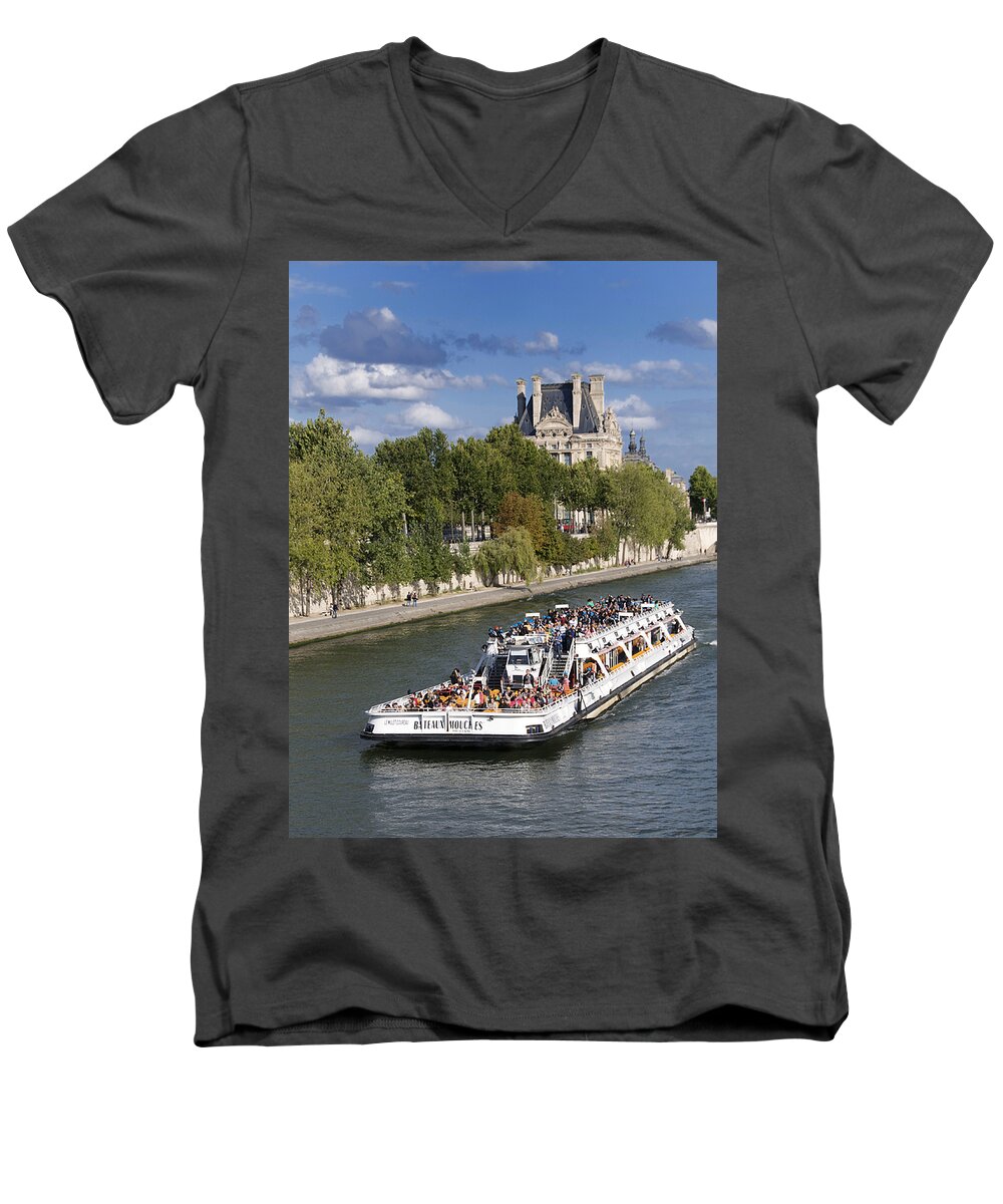 Paris Men's V-Neck T-Shirt featuring the photograph Sightseeing boat on river Seine to Louvre museum. Paris #1 by Bernard Jaubert