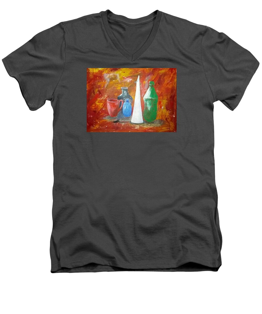 Ceramics Men's V-Neck T-Shirt featuring the painting Still life by Khalid Saeed