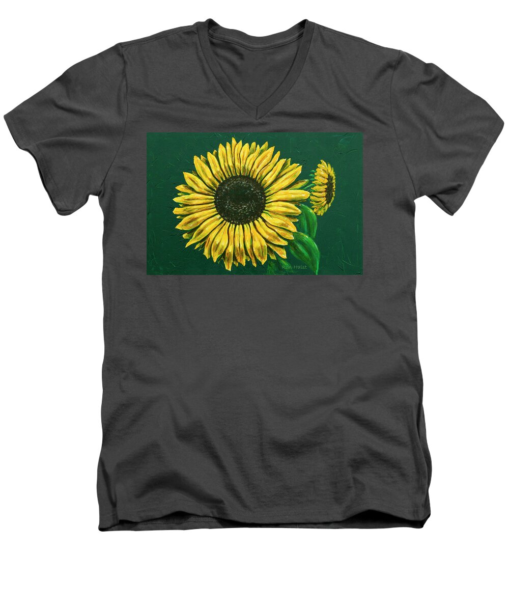 Sun Men's V-Neck T-Shirt featuring the pyrography Sunflower #1 by Ron Haist