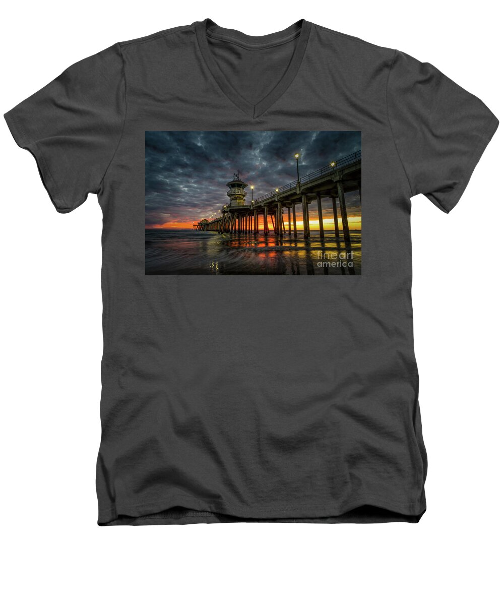 Beach Men's V-Neck T-Shirt featuring the photograph Sunset Huntington Beach Pier #1 by Peter Dang