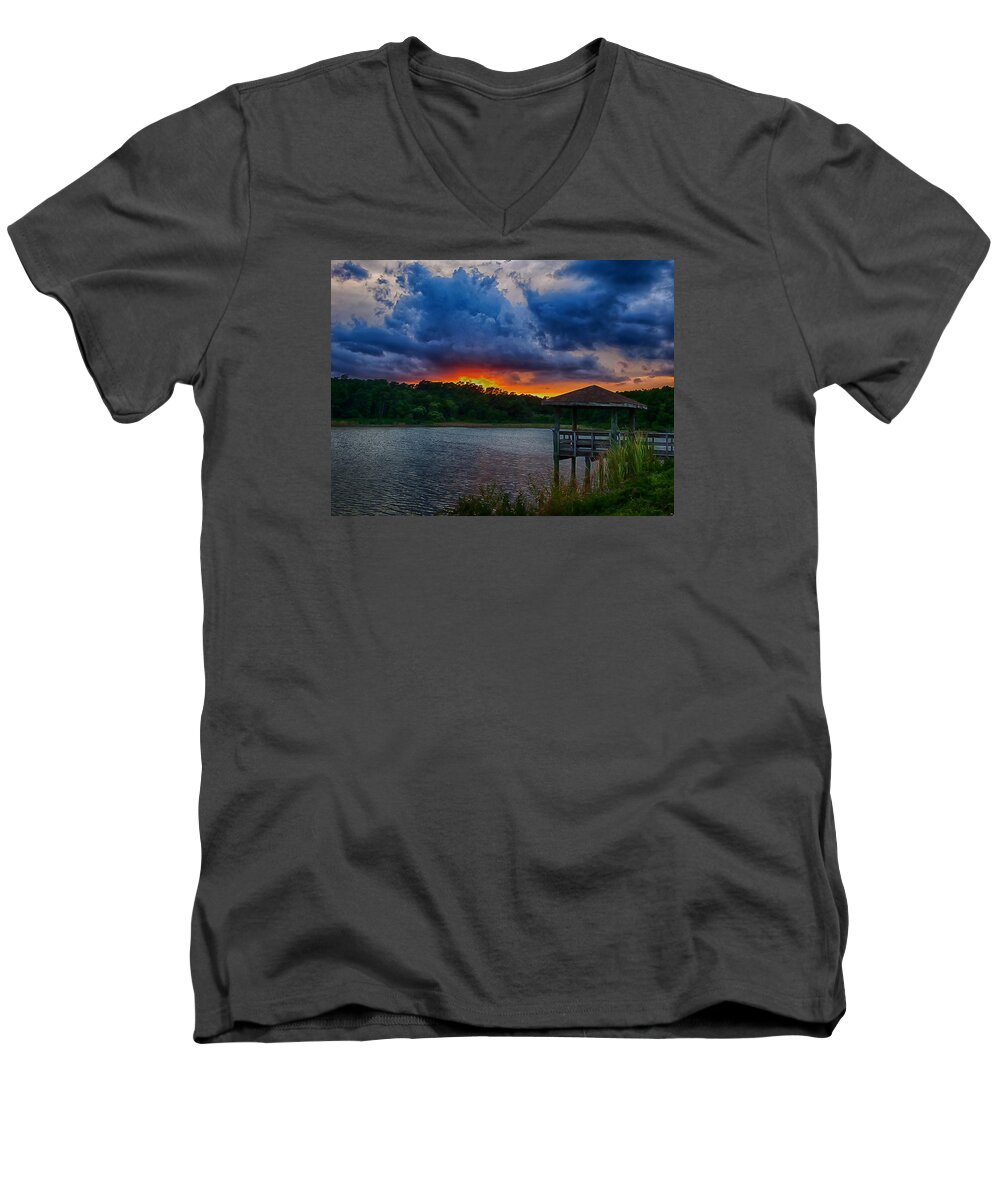 Sunset Men's V-Neck T-Shirt featuring the photograph Sunset Huntington Beach State Park #1 by Bill Barber