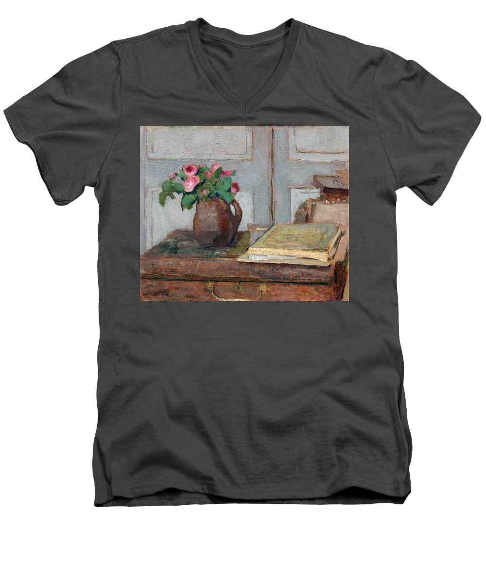Vuillard Men's V-Neck T-Shirt featuring the painting The Artist's Paint Box and Moss Roses #1 by Edouard Vuillard