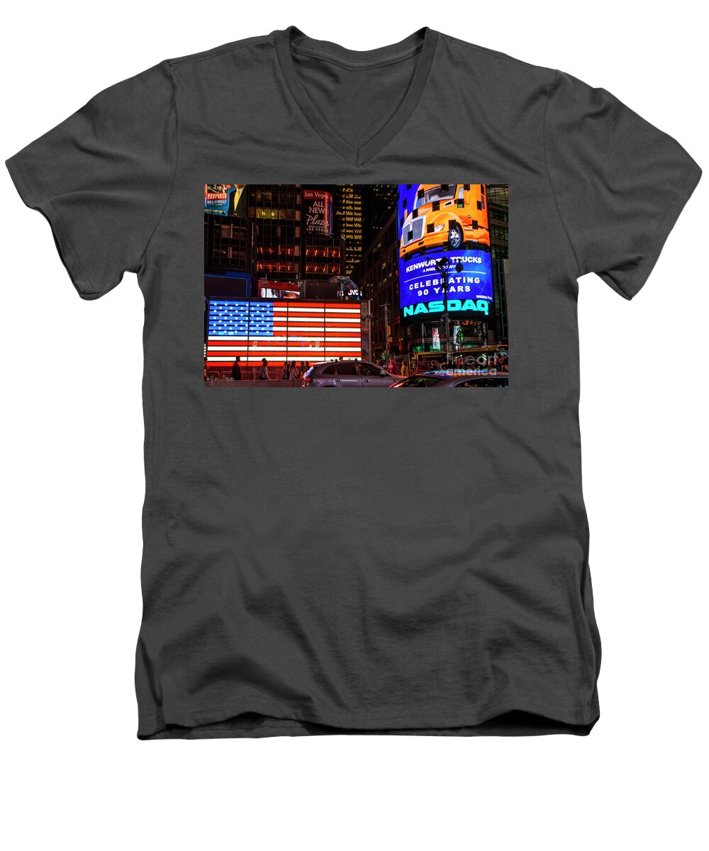 American Flag Men's V-Neck T-Shirt featuring the photograph Time Square at night #3 by Julian Starks