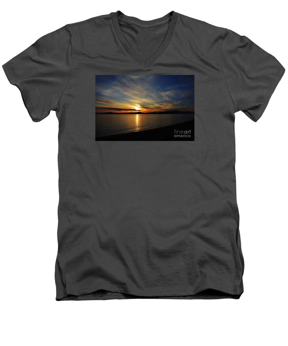 Sunset Men's V-Neck T-Shirt featuring the photograph Welcome Beach 2015 3 #1 by Elaine Hunter