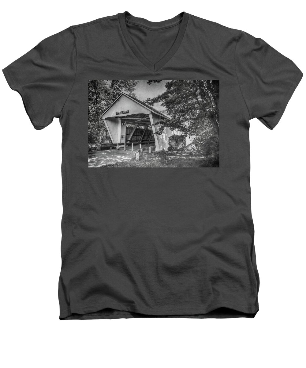 Covered Bridge Men's V-Neck T-Shirt featuring the digital art 10701 Potter's Bridge by Pamela Williams