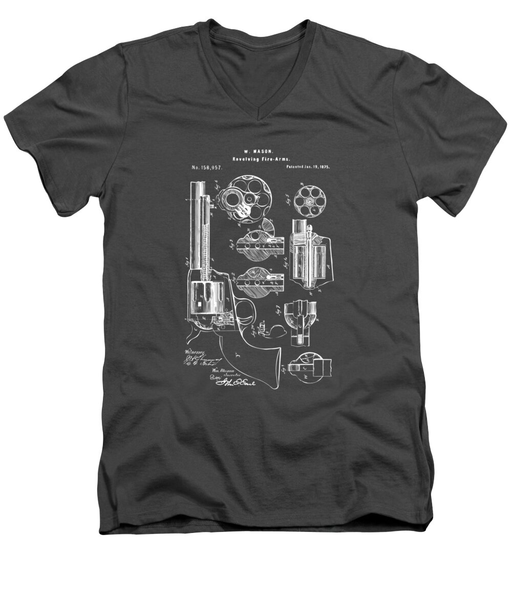 Colt Peacemaker Men's V-Neck T-Shirt featuring the digital art 1875 Colt Peacemaker Revolver Patent Artwork - Gray by Nikki Marie Smith