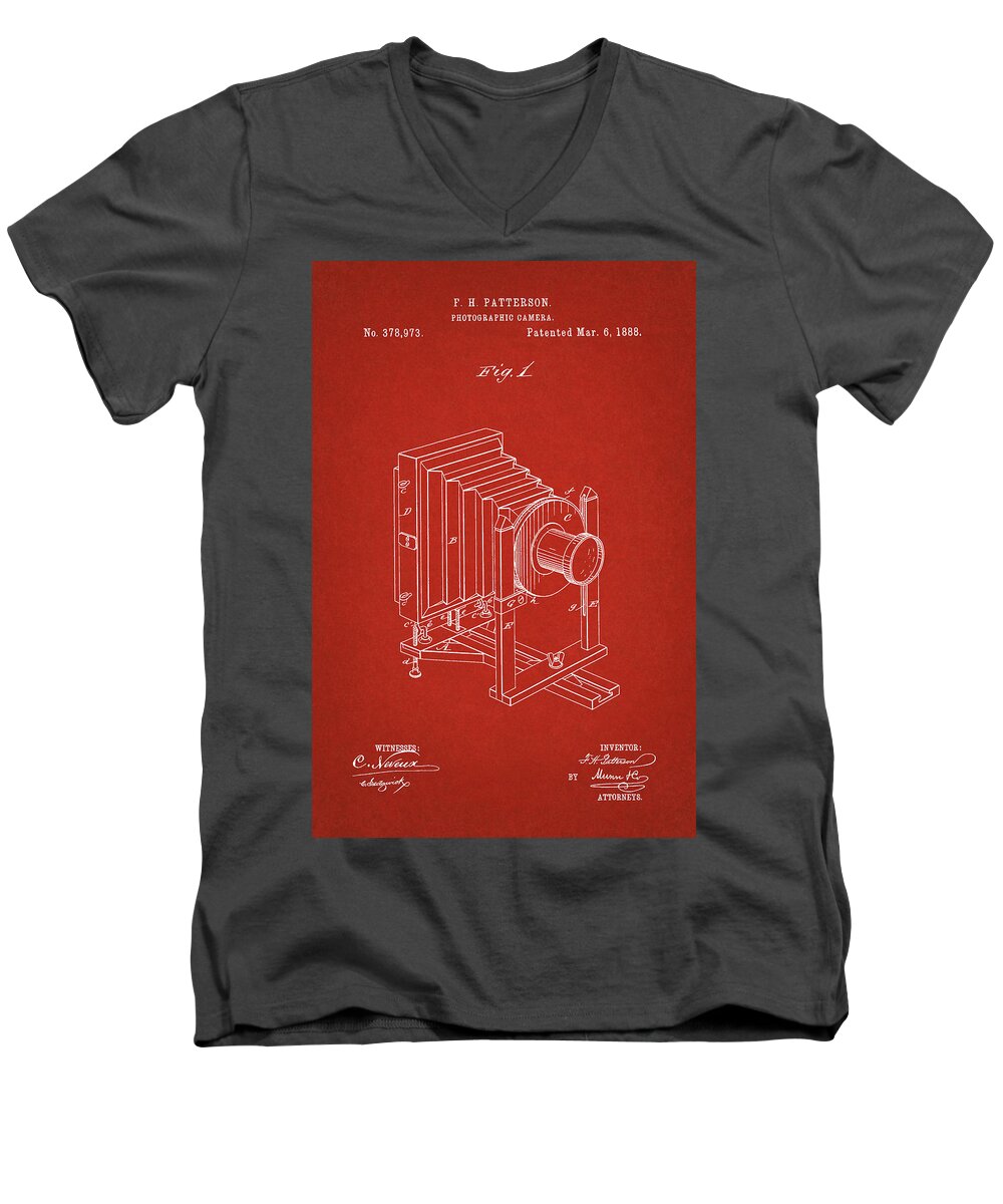 Patent Men's V-Neck T-Shirt featuring the digital art 1888 Camera Us Patent Invention Drawing - Red by Todd Aaron