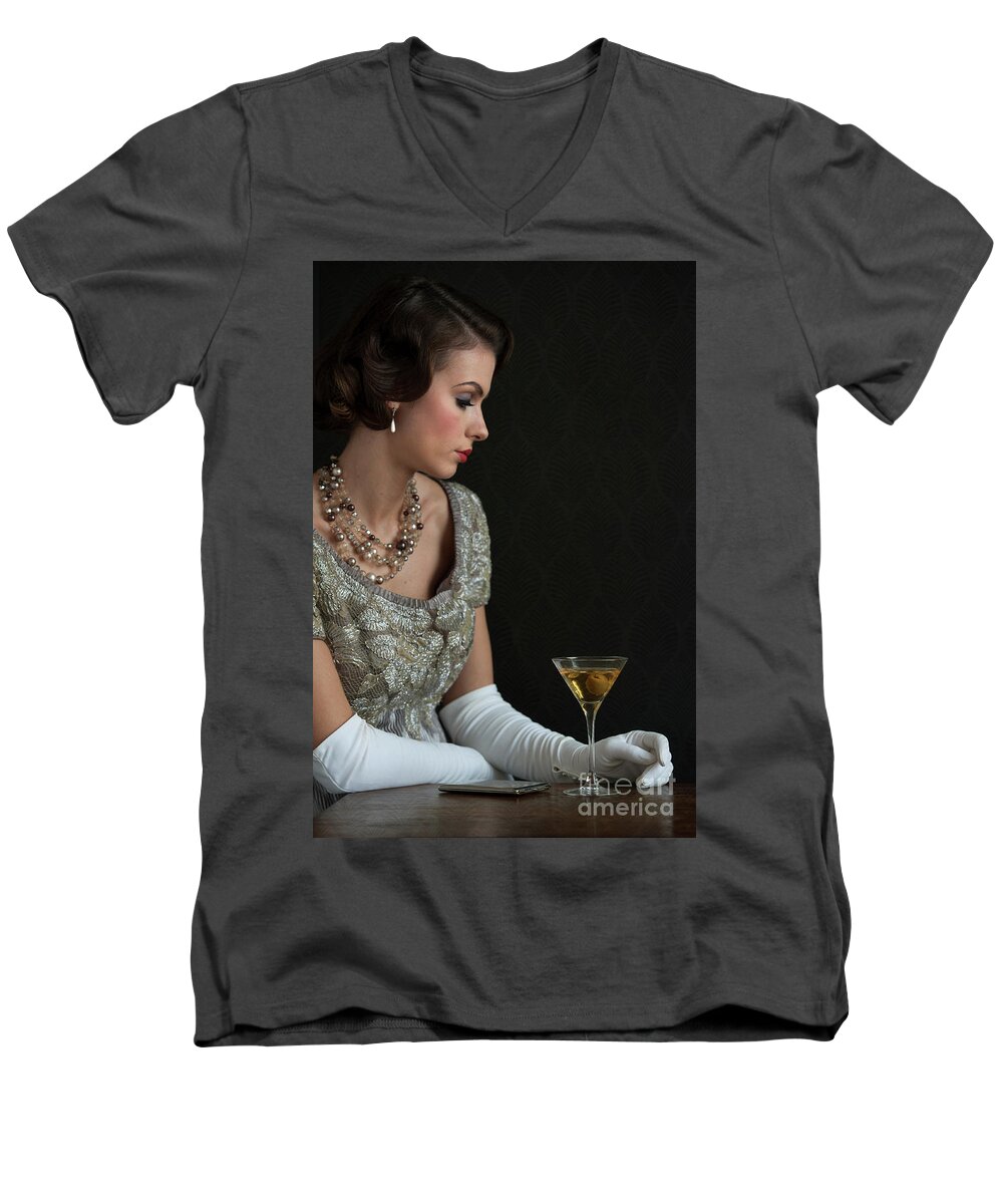 1930s Men's V-Neck T-Shirt featuring the photograph 1930s Woman With A Cocktail Glass by Lee Avison