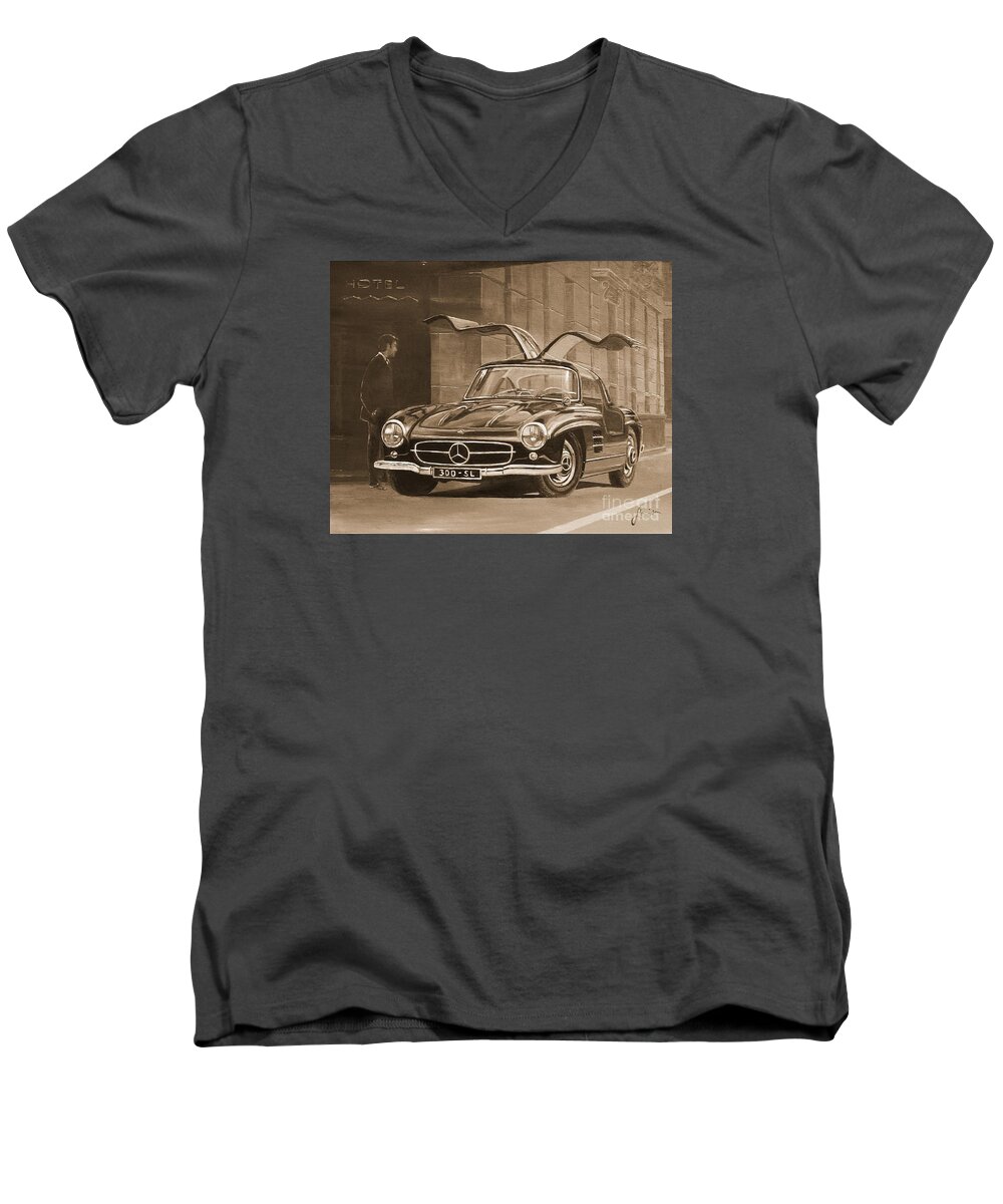 Acrylic Paintings Men's V-Neck T-Shirt featuring the painting 1954 Mercedes Benz 300 SL In Sepia by Sinisa Saratlic