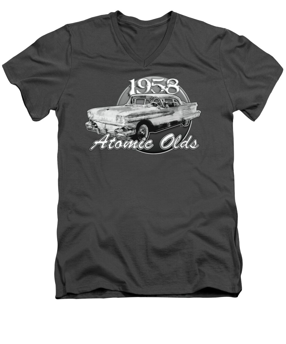 1958 Men's V-Neck T-Shirt featuring the photograph 1958 Oldsmobile Hardtop with Continental Kit in Tow by Chas Sinklier