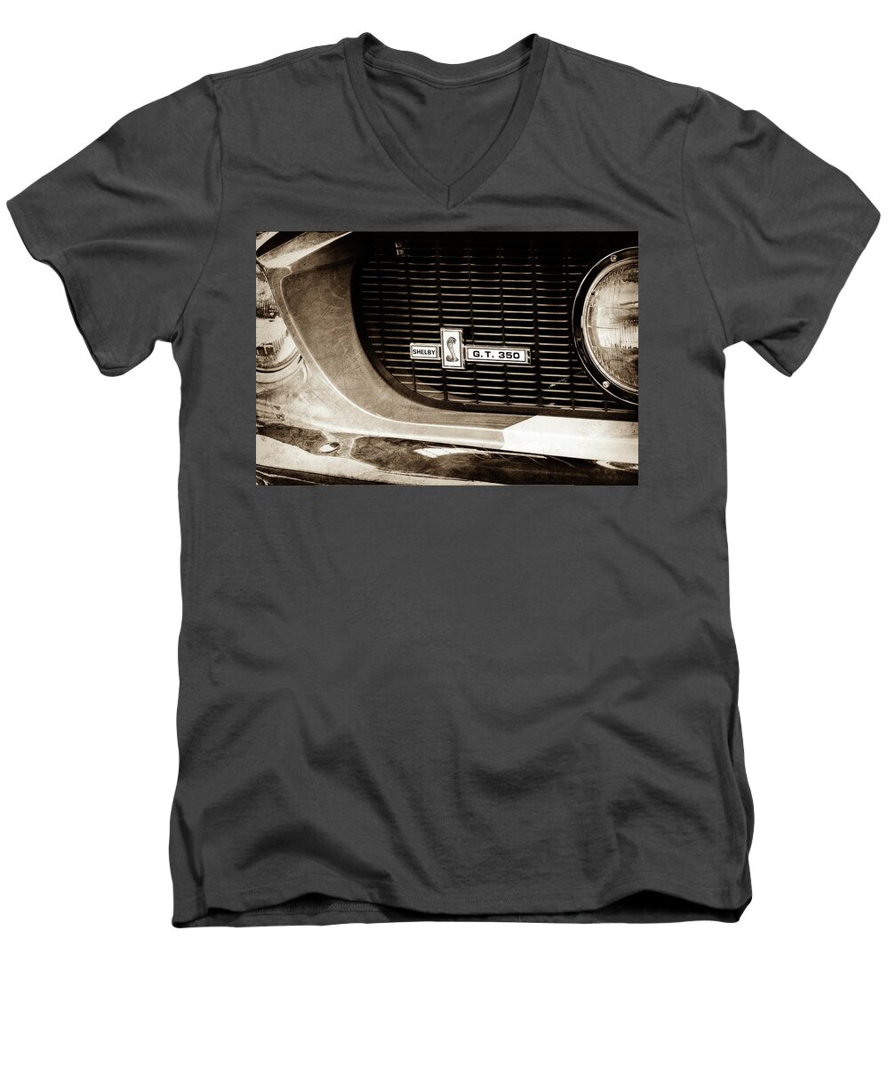 1967 Ford Gt 350 Shelby Clone Grille Emblem Men's V-Neck T-Shirt featuring the photograph 1967 Ford GT 350 Shelby Clone Grille Emblem -0759s by Jill Reger
