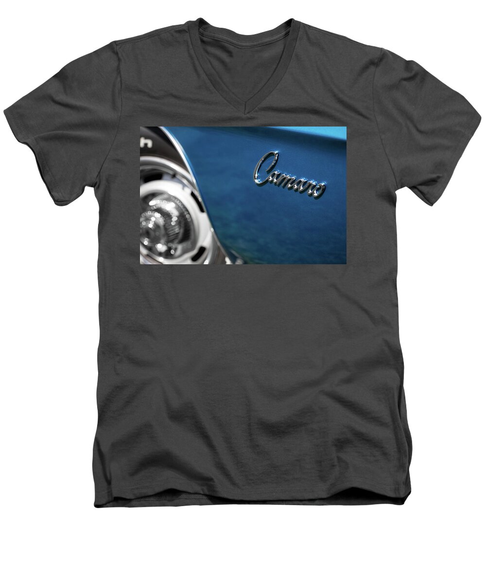 1969 Men's V-Neck T-Shirt featuring the photograph 1969 Chevrolet Camaro Z28 Emblem by Ron Pate
