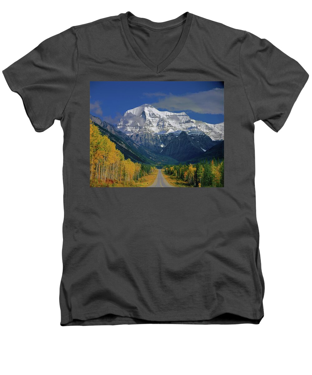 Mt. Robson Men's V-Neck T-Shirt featuring the photograph 1M2441-H Mt. Robson and Yellowhead Highway H by Ed Cooper Photography