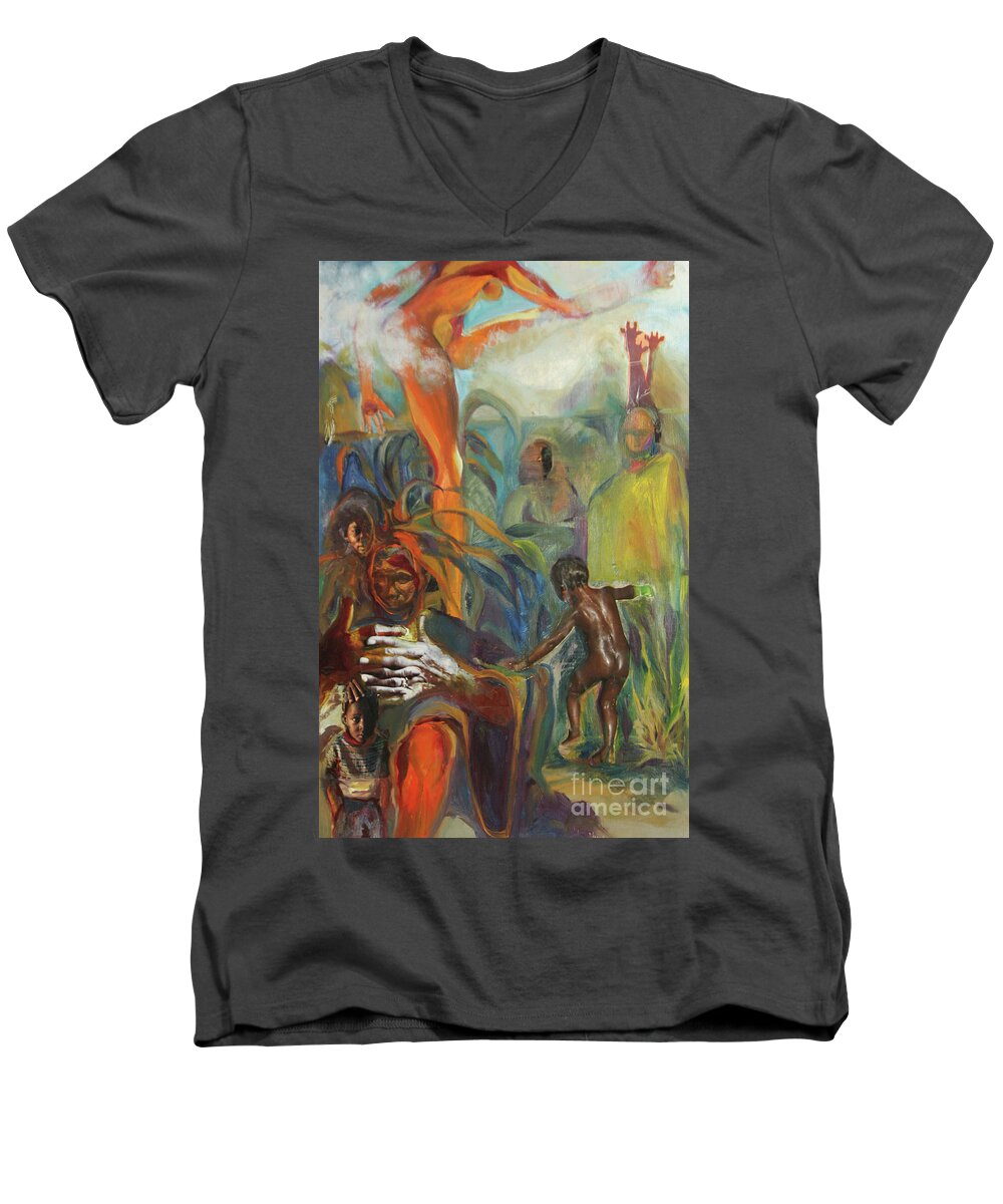 Collage Men's V-Neck T-Shirt featuring the mixed media Ancestor Dance by Daun Soden-Greene