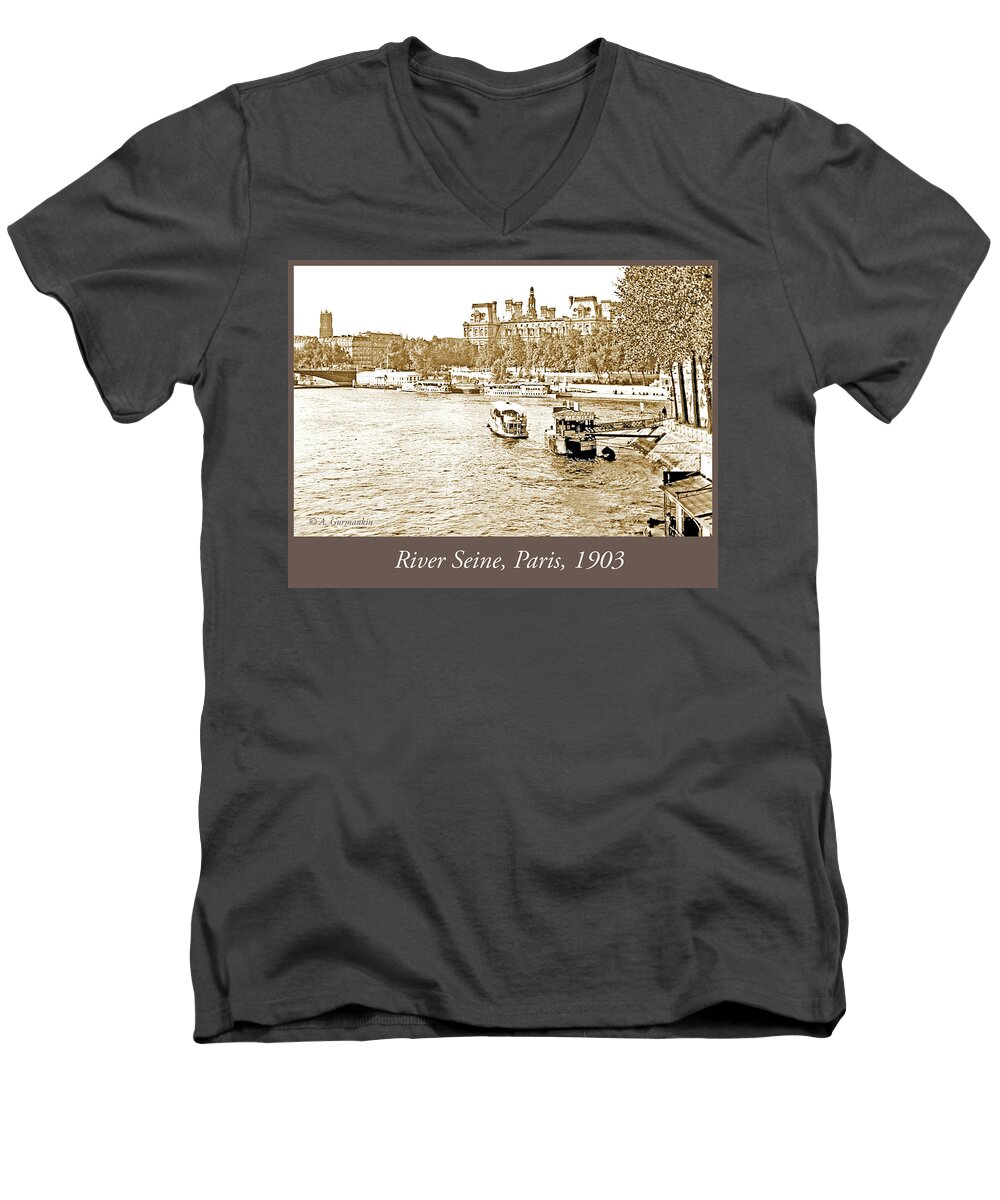 Boats Men's V-Neck T-Shirt featuring the photograph Boats in the Seine River, Paris, 1903, Vintage Photograph #3 by A Macarthur Gurmankin