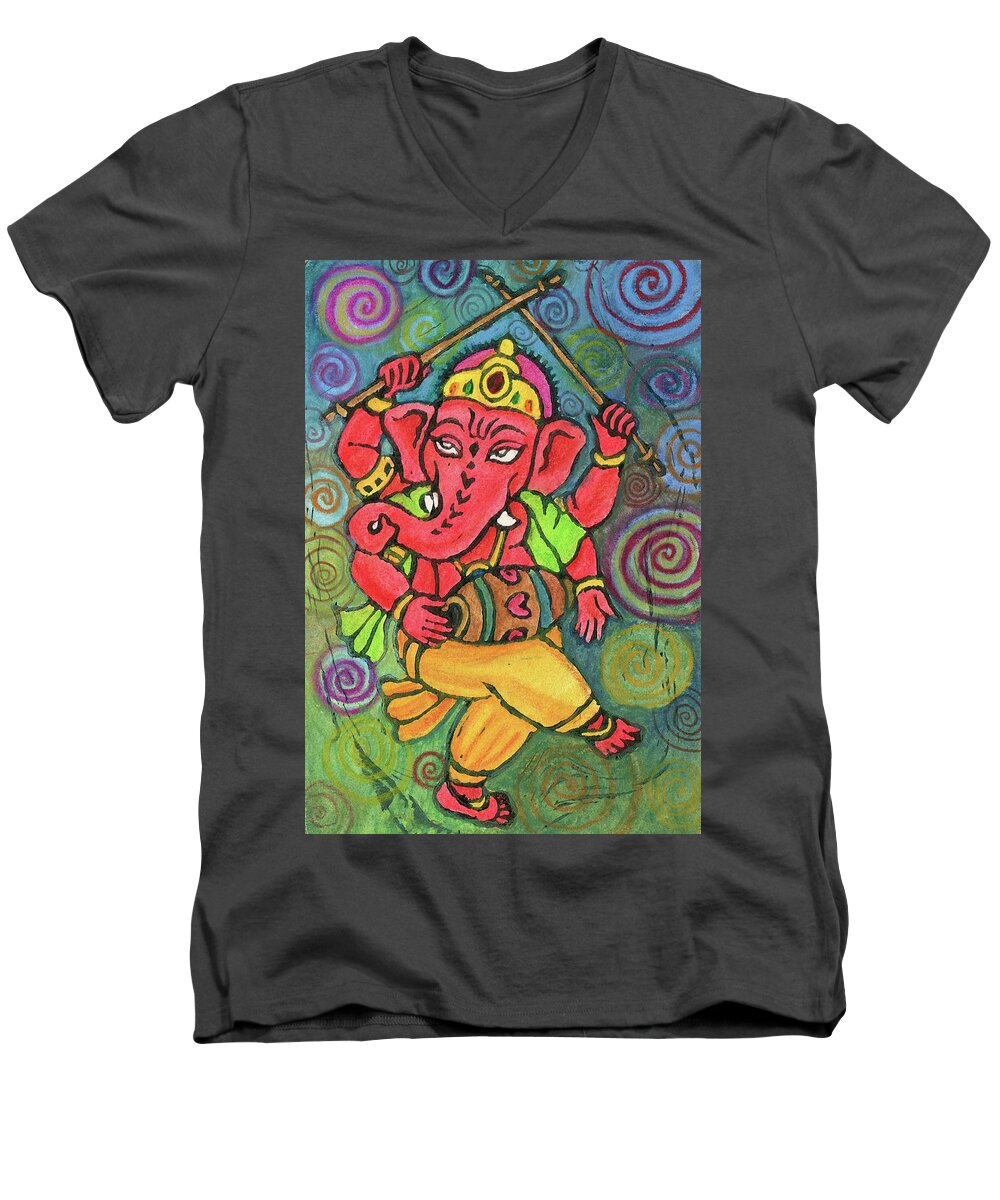 Jennifer Mazzucco Men's V-Neck T-Shirt featuring the mixed media Dancing Ganesha #2 by Jennifer Mazzucco