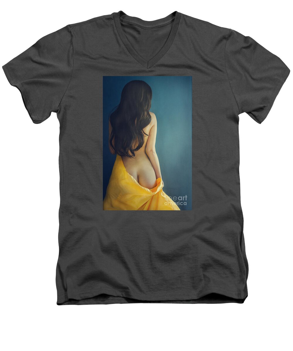 Woman Men's V-Neck T-Shirt featuring the photograph Woman with yellow silk on blue background by Jelena Jovanovic
