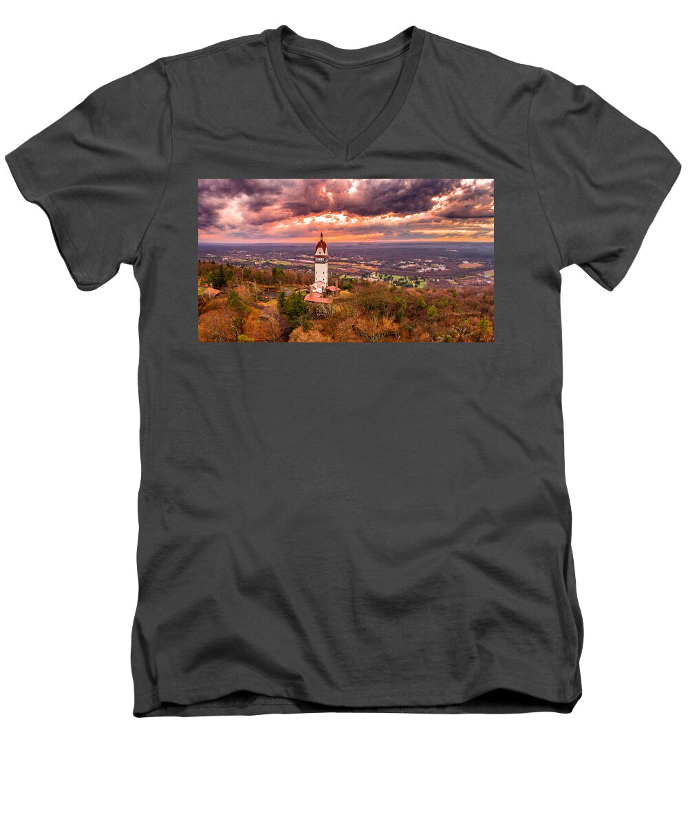 Heublein Men's V-Neck T-Shirt featuring the photograph Heublein Tower, Simsbury Connecticut, Cloudy Sunset #2 by Mike Gearin