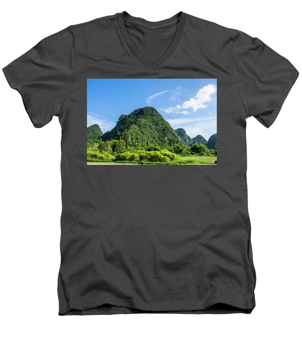 Scenery Men's V-Neck T-Shirt featuring the photograph Karst mountains scenery #2 by Carl Ning