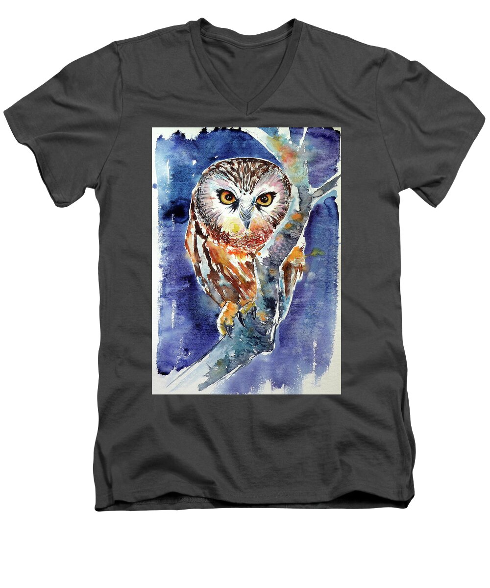 Owl Men's V-Neck T-Shirt featuring the painting Owl at night #3 by Kovacs Anna Brigitta