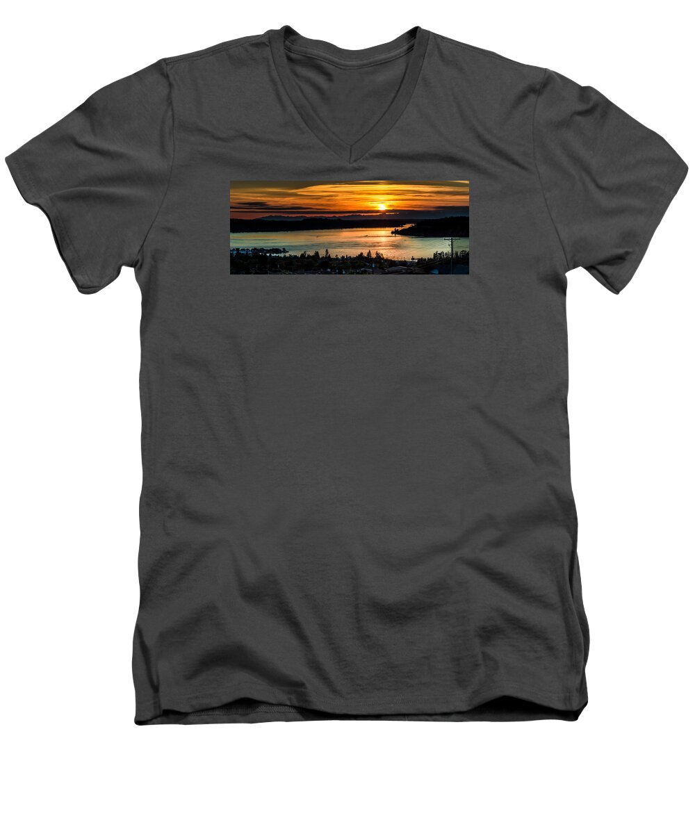 Sunset Men's V-Neck T-Shirt featuring the photograph Sunset over Hail Passage on the Puget Sound #2 by Rob Green