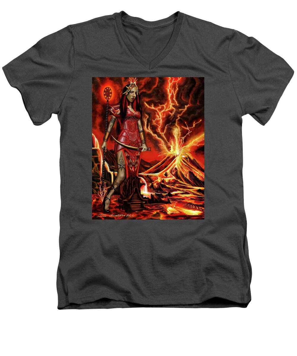 Hawaii Men's V-Neck T-Shirt featuring the painting The Goodess Pele of Hawaii #2 by James Hill