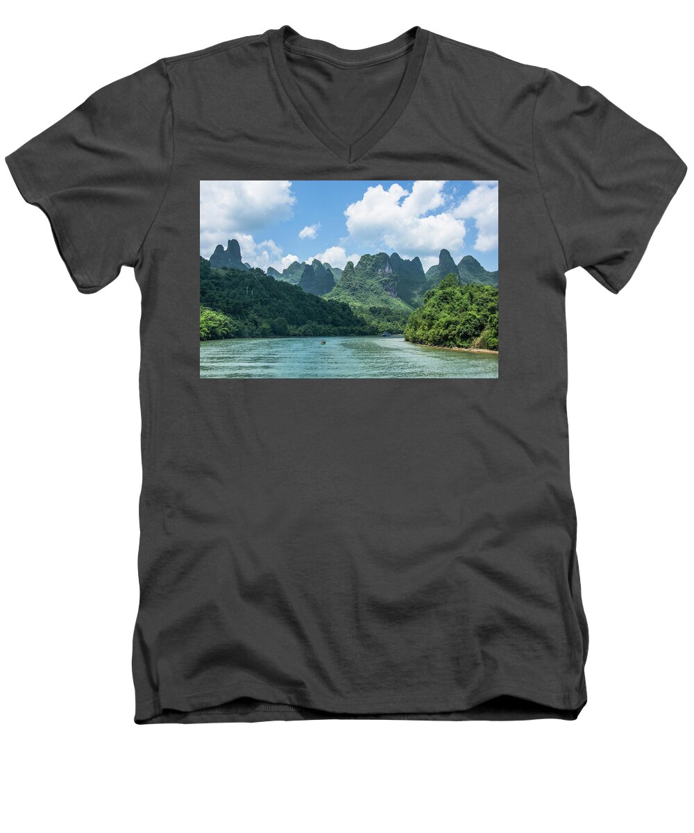 River Men's V-Neck T-Shirt featuring the photograph Lijiang River and karst mountains scenery #20 by Carl Ning