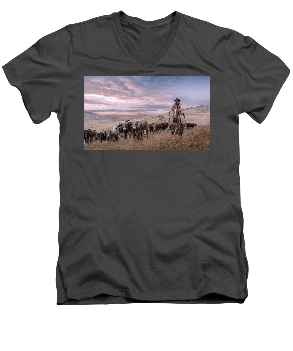 Cattle Men's V-Neck T-Shirt featuring the photograph 2016 Reno Cattle Drive by Rick Mosher