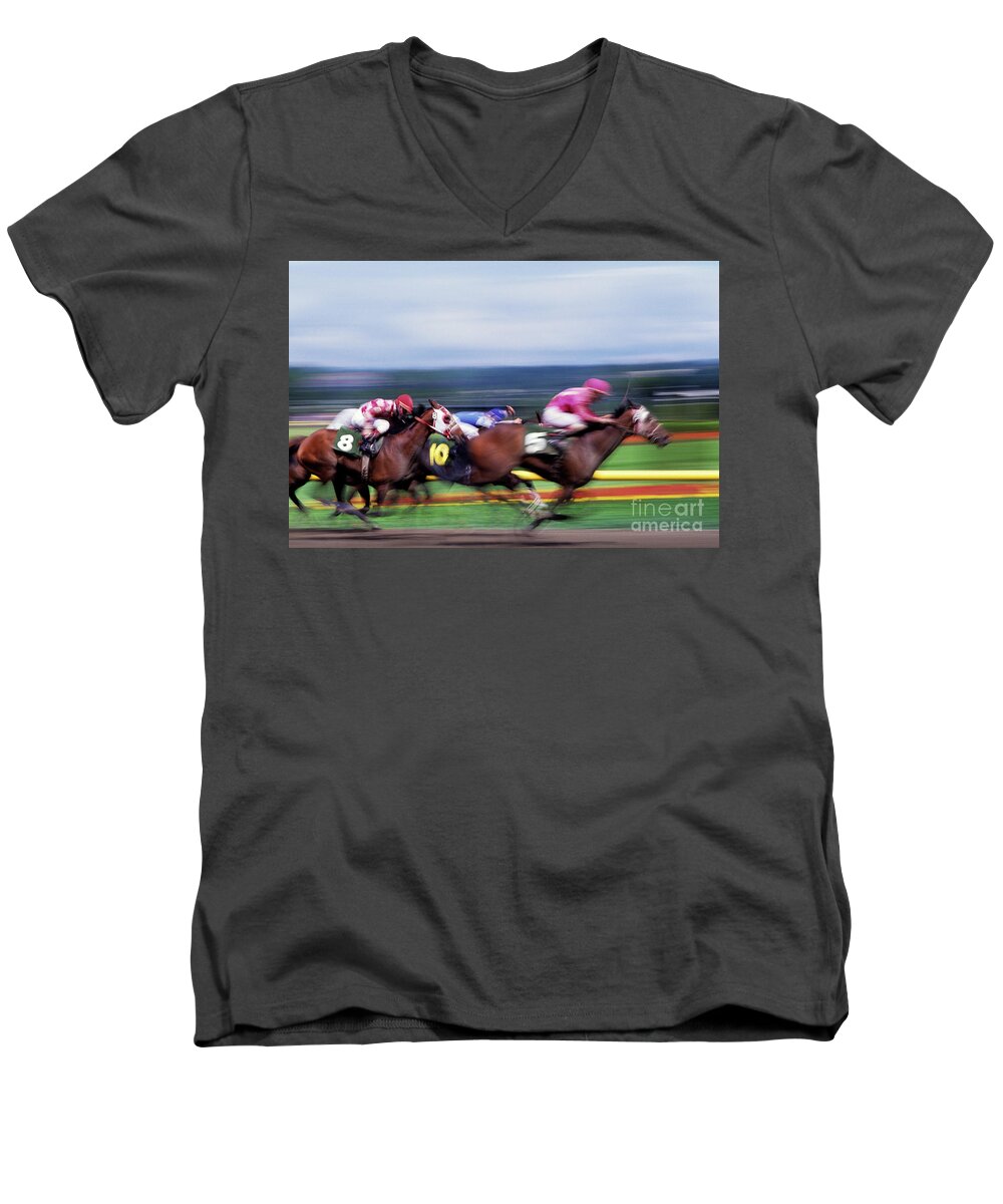 Motion Men's V-Neck T-Shirt featuring the photograph Horse Race #3 by Jim Corwin
