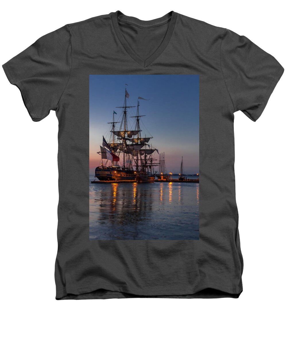 L'hermione Men's V-Neck T-Shirt featuring the photograph Lafayette's Hermione Voyage 2015 #3 by Jerry Gammon