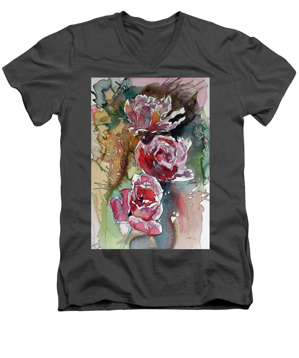 Roses Men's V-Neck T-Shirt featuring the painting Roses #3 by Kovacs Anna Brigitta