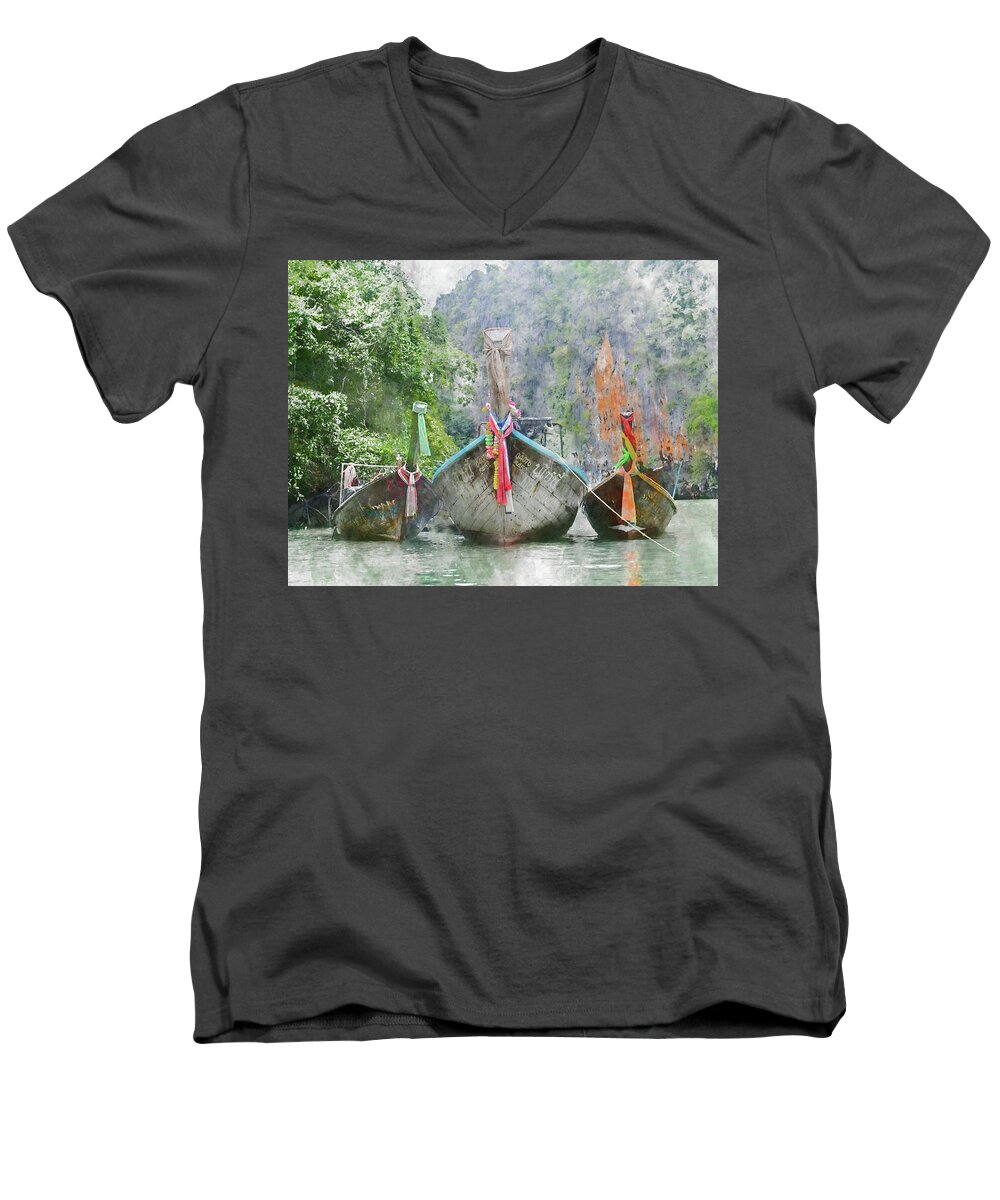 Boat Men's V-Neck T-Shirt featuring the photograph Traditional Long Boat in Thailand #3 by Brandon Bourdages