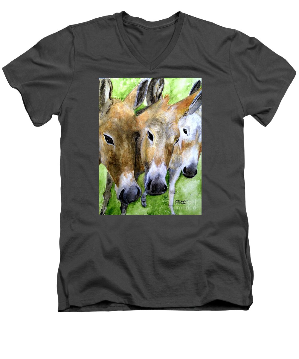 Animals Men's V-Neck T-Shirt featuring the painting 3 Wise Mules by Carol Grimes