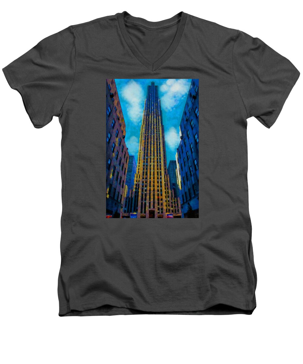 30 Rock Men's V-Neck T-Shirt featuring the painting 30 Rock by Kai Saarto