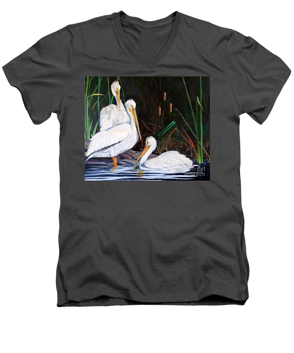 Pelican Men's V-Neck T-Shirt featuring the painting 3's Company by Marilyn McNish