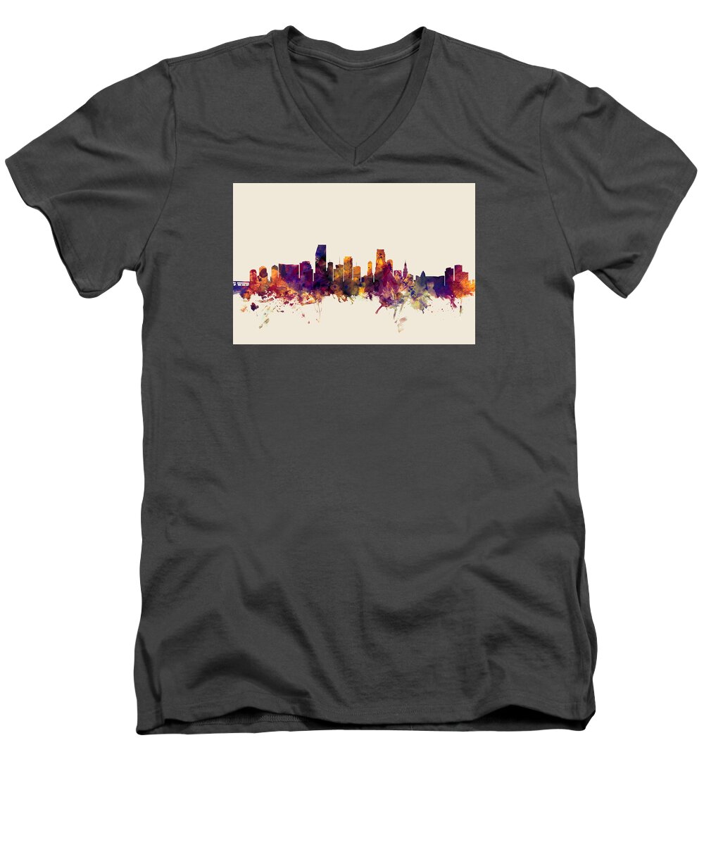United States Men's V-Neck T-Shirt featuring the digital art Miami Florida Skyline #4 by Michael Tompsett