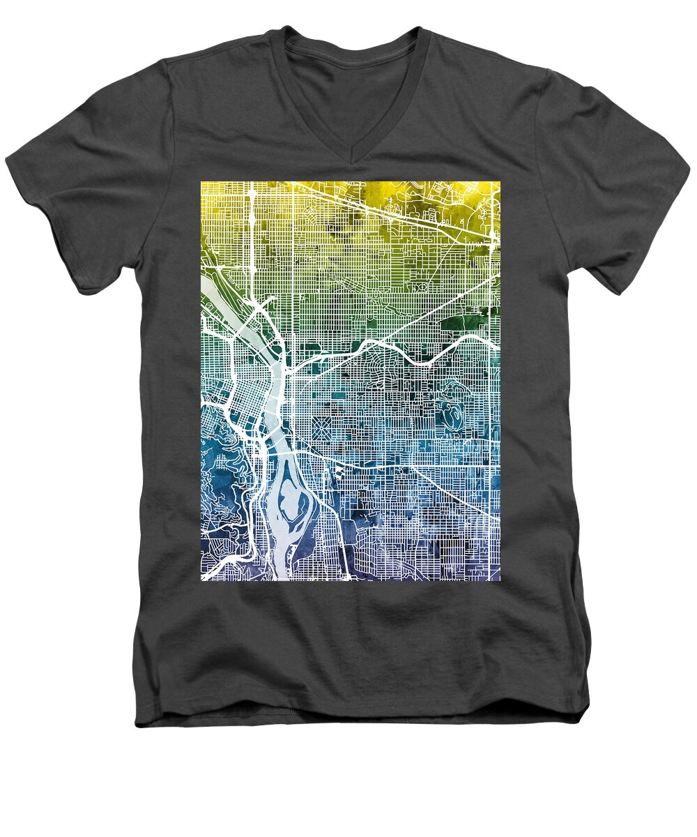 Portland Men's V-Neck T-Shirt featuring the digital art Portland Oregon City Map #4 by Michael Tompsett