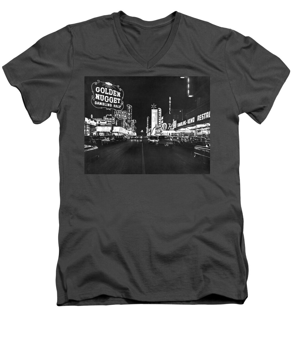 1950s Men's V-Neck T-Shirt featuring the photograph The Las Vegas Strip #7 by Underwood Archives