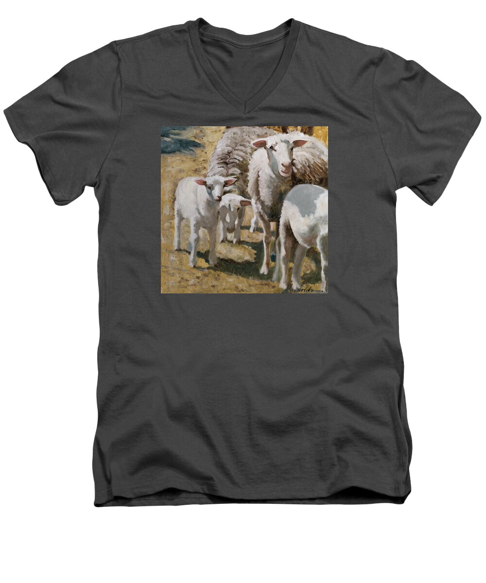 Sheep Men's V-Neck T-Shirt featuring the painting The Whole Family Is Here #4 by John Reynolds
